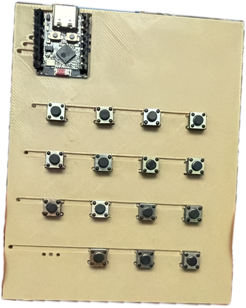 Inside the baby remote: a 3D-printed PCB with 15 tactile switches, a tinned-wire matrix and an ESP32-C3