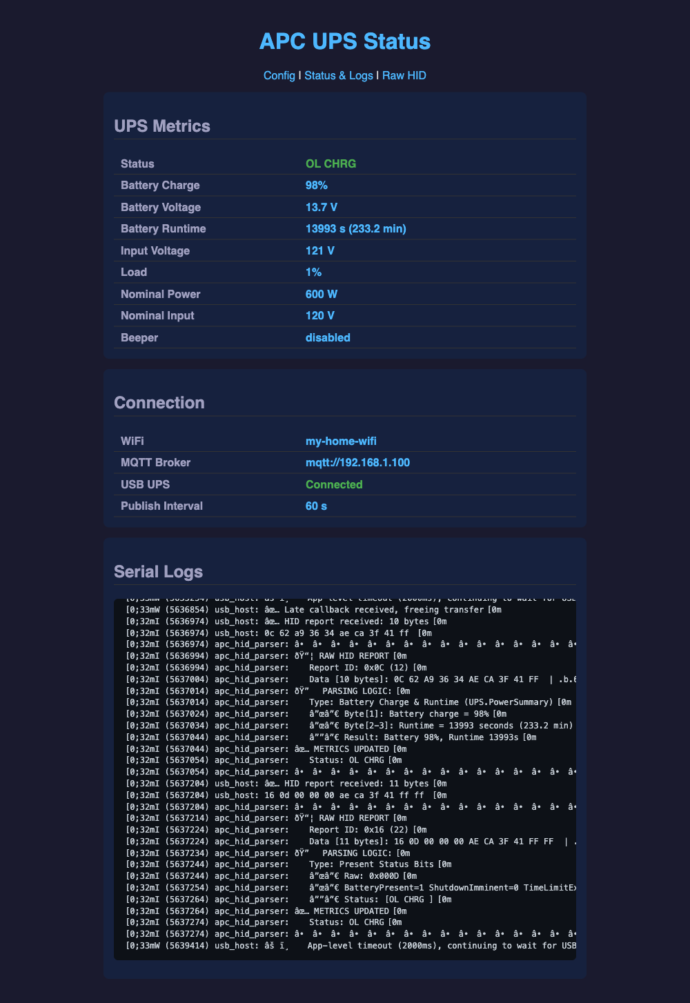 The bridge status page: parsed UPS metrics, connection state, and the raw HID report log