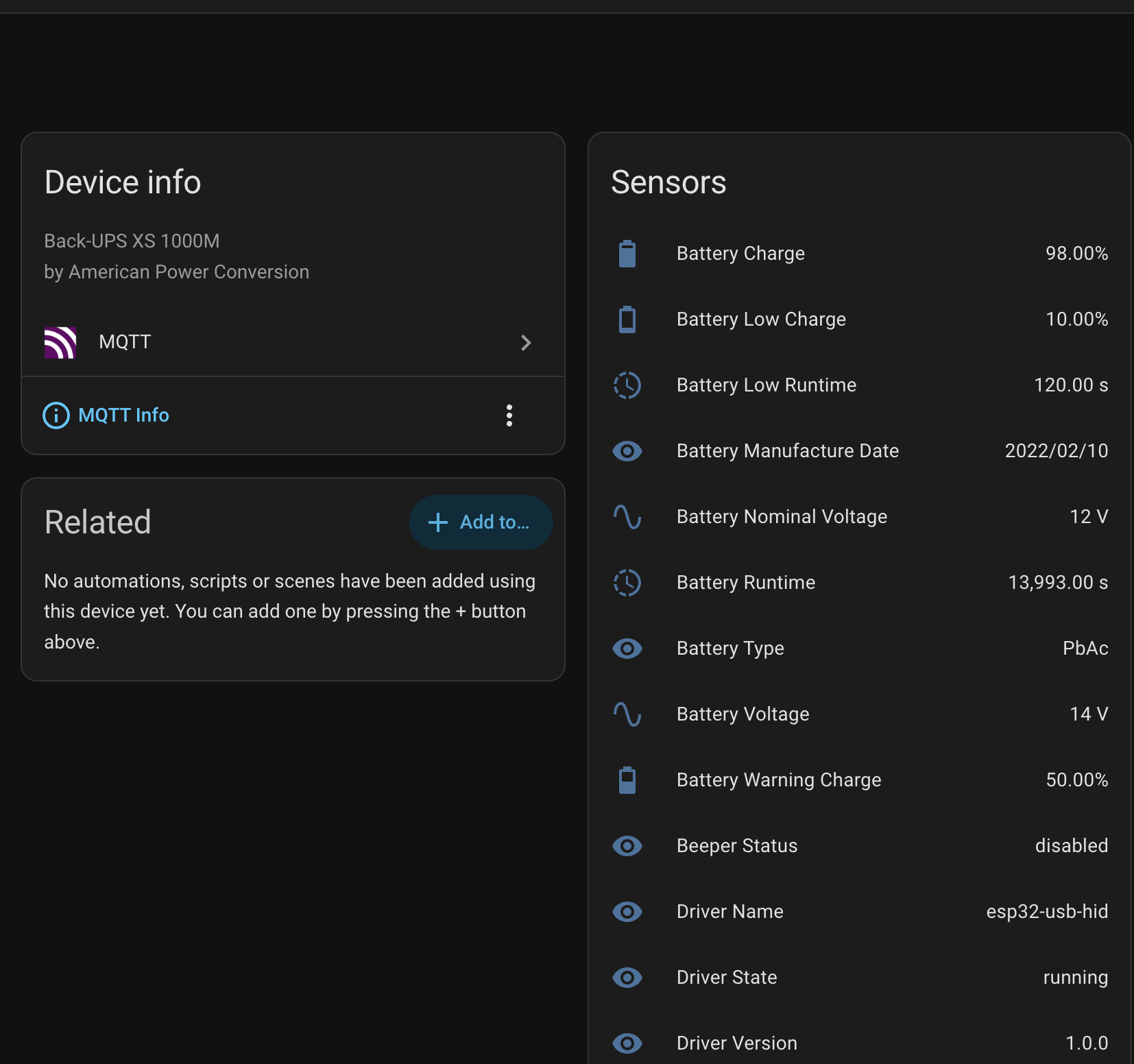 The UPS auto-discovered in Home Assistant over MQTT, with its full sensor list