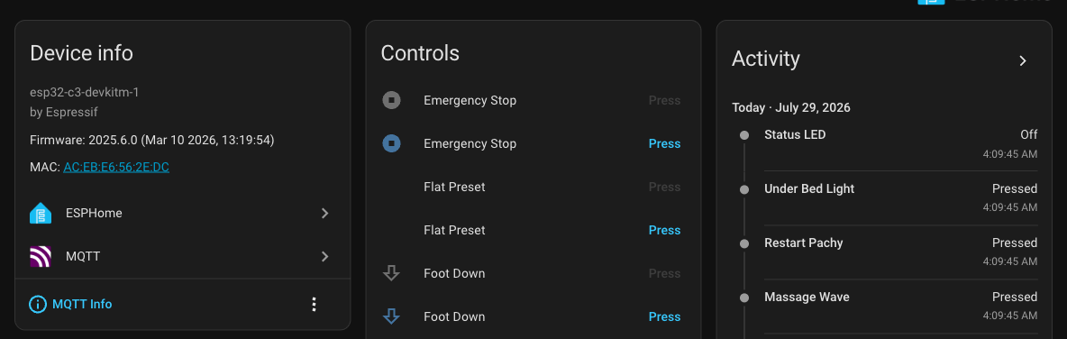 The Pachy device page in Home Assistant, showing the ESPHome and MQTT integrations and a live activity log of button presses