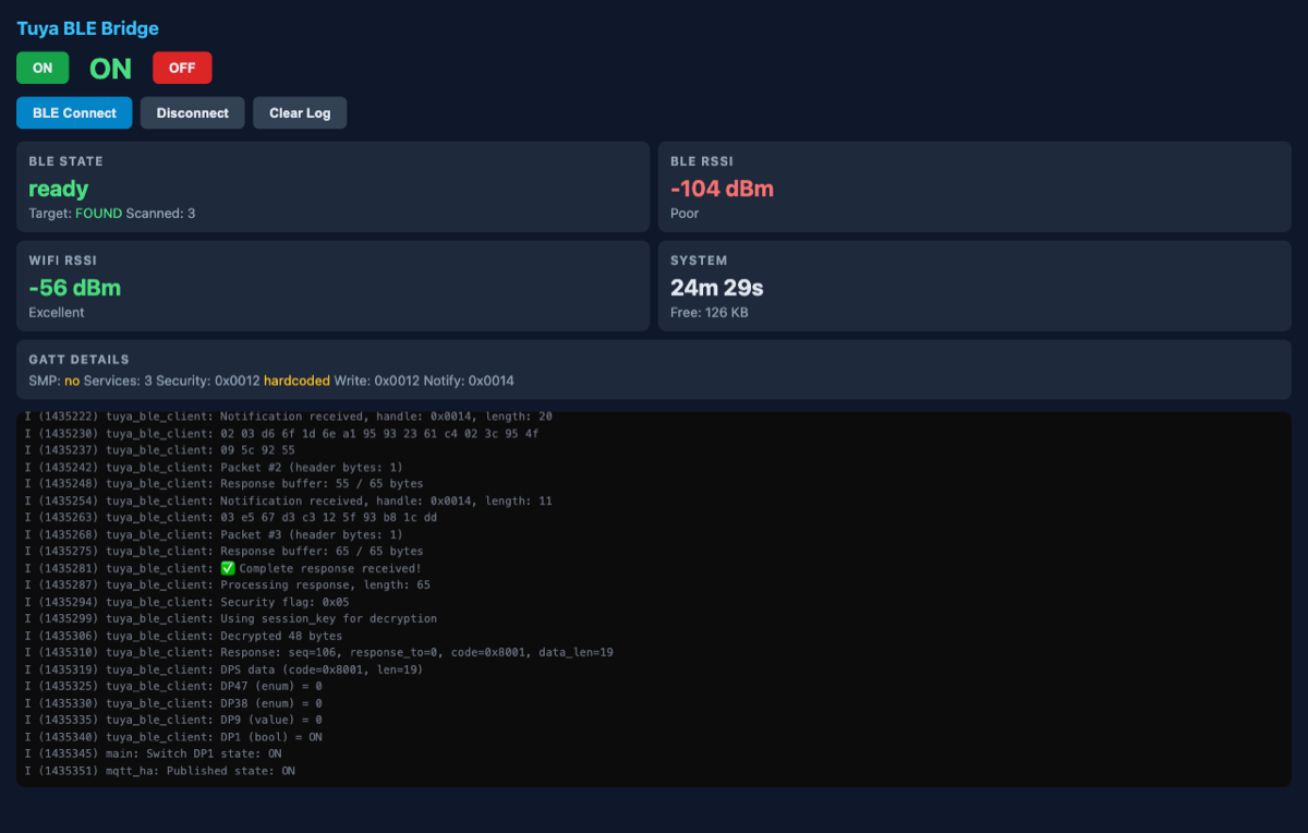 Tuya BLE Bridge built-in web dashboard — live status, switch controls and log